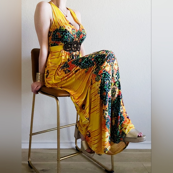 Beaded Yellow & Multicolor Maxi Dress, Size 8 - Picture 4 of 9